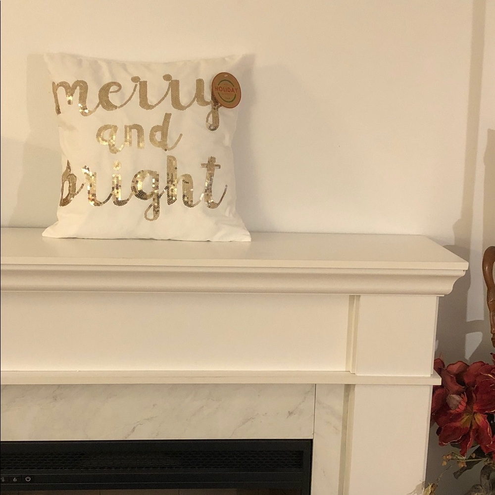 Merry and Bright Festive White and Gold Pillow